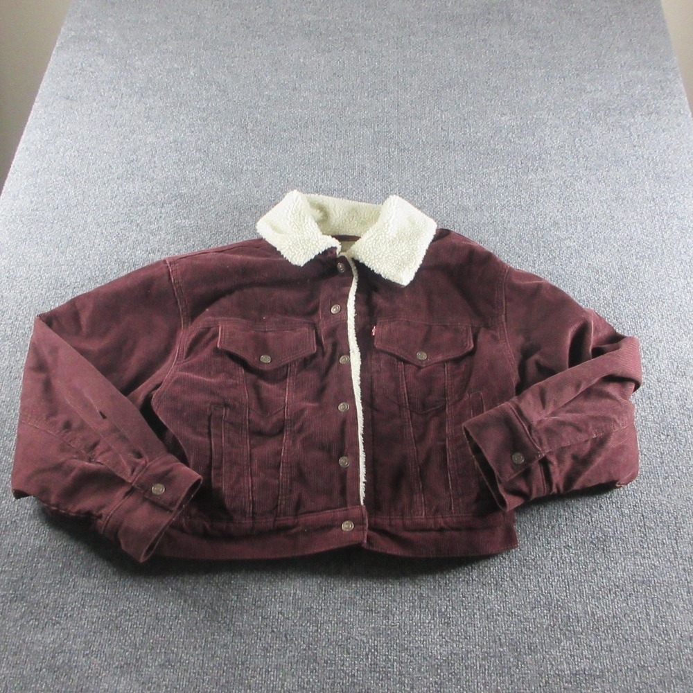 Levis Jacket Womens S Red Corduroy Sherpa Lined Trucker Faux Fur Button Front